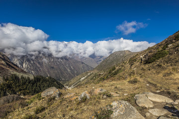 The panorama of mountain landscape of Ala-Archa gorge in the sum