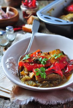 Vegetable Tian, peppers and eggplant baked with olive oil and garlic. French cuisine