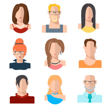 Set of people icons in flat style with faces. Women, men character. Vector illustration of avatars. EPS 10