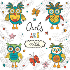 Owls are cute. Colorful card with owls characters and hand