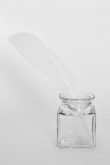 white feather and ink pot above on white paper - studio shot
