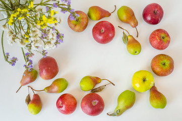Rectangle frame of Apples and Pears on white table