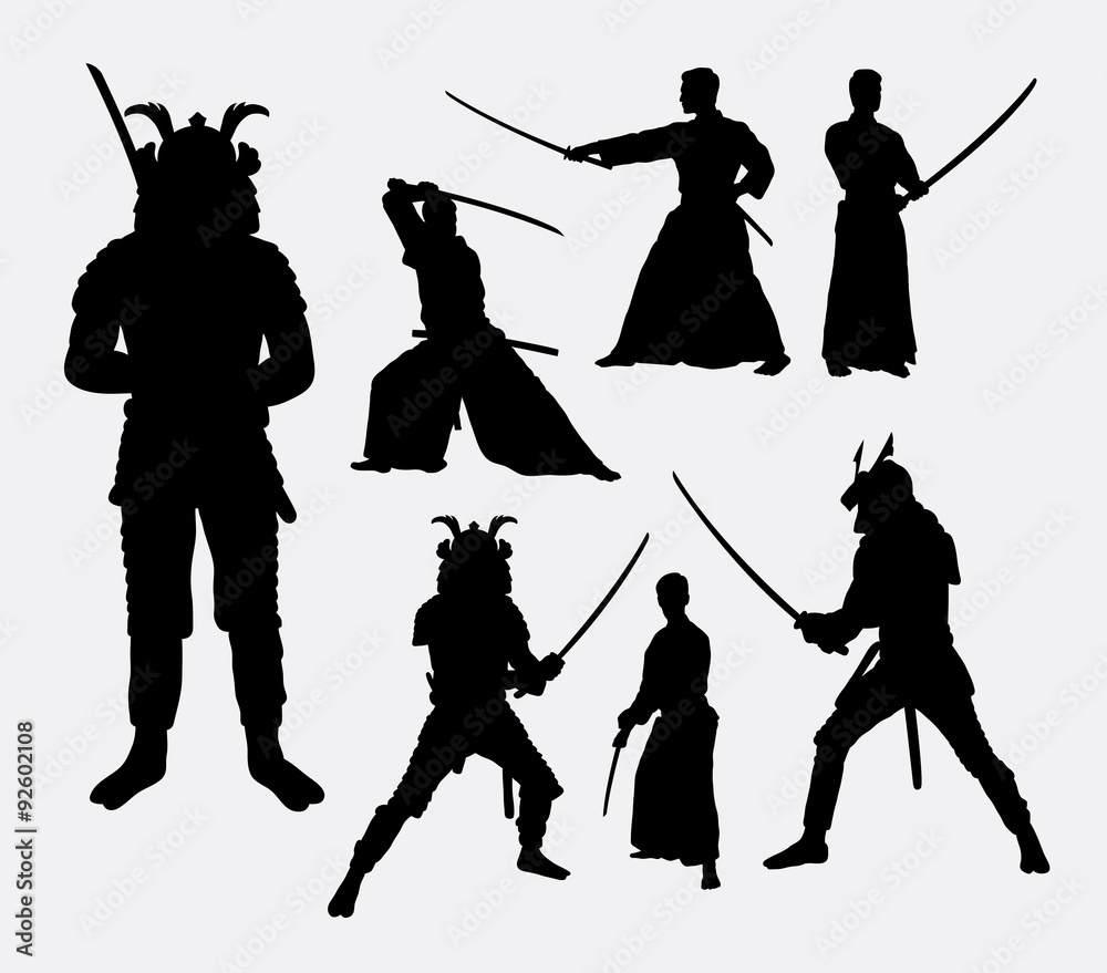 Poster Samurai, male japanese warrior silhouettes. Good use for symbol, logo, web icon, mascot, or any design you want. Easy to use.