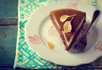 piece of homemade chocolate cake with pears