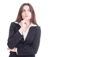 Beautiful and smart business woman thinking isolated on white