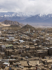 Leh town in Ladakh Region of India with snow mountain background
