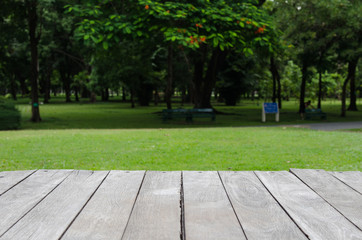 white wood floor with green park background