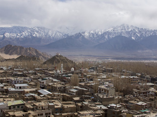 Leh town in Ladakh Region of India with snow mountain background
