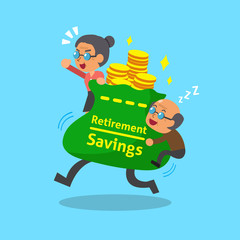 Cartoon old man and old woman with big retirement savings bag