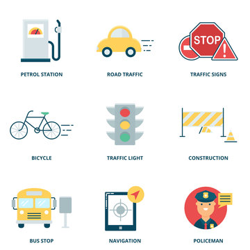 Road traffic vector icons set, flat style