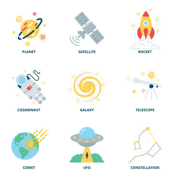 Space vector icons set, flat style