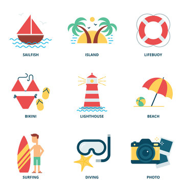 Sea and summer vector icons set, flat style