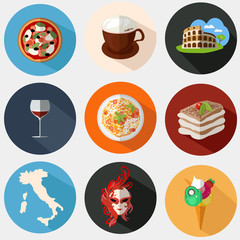 Collection of Italian icons in a flat style. Vector illustration. Icons with elements of pizzas, pastas, Coliseum, coffee, masks, wine, tiramisu, maps of Italy.