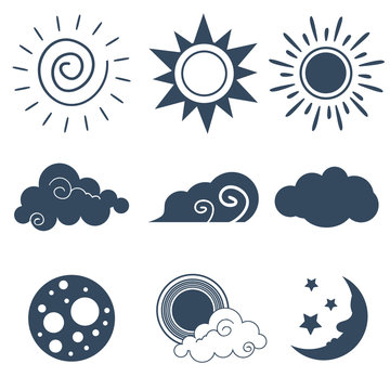 Icons of the sun, clouds and moon in flat style. Vector illustration