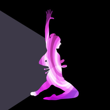 Modern rhythmic gymnastics young woman with clubs in acrobatics