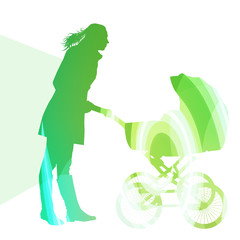 Mother with baby strollers, carriage walking woman silhouette il