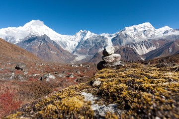 Blick auf das Langtang-Tal mit Mt. Langtang Lirung im Hintergrund, Langtang, Bagmati, Nepal