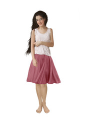 A smiling girl with long hair on white background