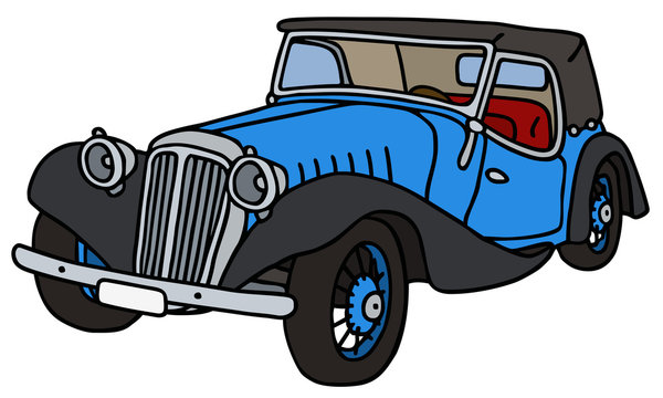 Vintage blue cabriolet, hand drawn vector illustration