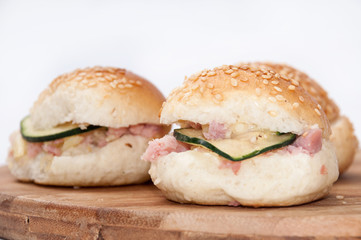 Burger sandwiches on the wooden board