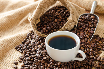 Fototapeta na wymiar white coffee cup and coffee beans around