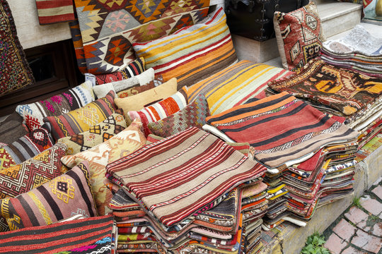 Traditional cushions and carpets in street,Istanbul