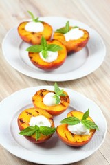 Grilled peaches & mascarpone  & mint  leaves