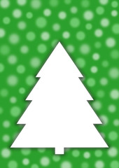 Weißer Tannenbaum auf grünem Hintergrund mit transparenten und verschwommenen Kreisen im Hochformat mit großem Textfreiraum