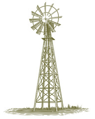 Woodcut-style illustration of an old farm windmill.