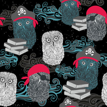 Seamless pattern with owl pirates.