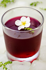 Red wine jelly with white flowers and ice