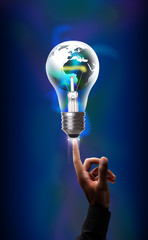 touching Light bulb with world
