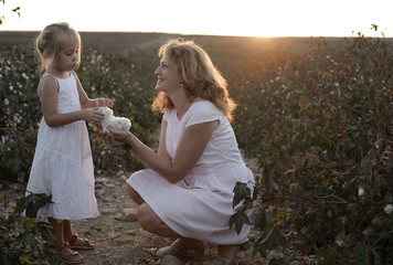 happy mother with daughter standing on a cotton field in sunset