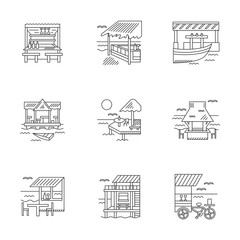 Fototapeta premium Cafe and bungalows linear icons set