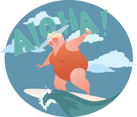 Happy confident overweight lady in a swimsuit riding a surf board, vector illustration, EPS 8, no transparencies