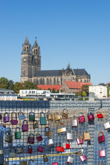 Wedding happy locks in front of Cathedral, Magdeburg