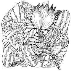 Vector pattern for coloring book. Ethnic retro design in zentangle style with floral elements,Black line art on white background.