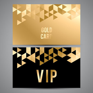 VIP cards. Black and golden design. Triangle decorative patterns