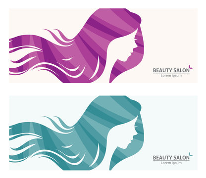 Banner or business card stylized woman profile for beauty salon/Illustration of template banner or business card stylized long-haired woman for beauty salon