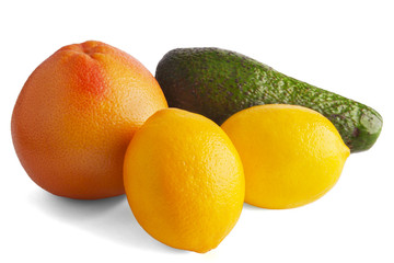 Lemon, orange and avocado isolated on white.