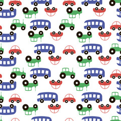 kids colored pattern with cars on white background. Seamless pattern
