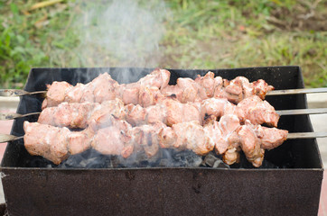 шашлык на мангале с дымком, shish kebab on the grill with a smoky, barbecue