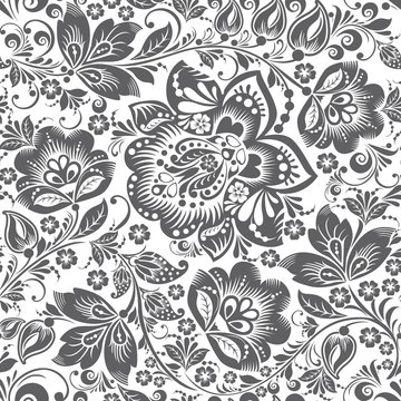 Grey Ornamental Flowers Seamless Pattern