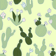 Hand drawn seamless pattern of cute doodles cacti with flowers