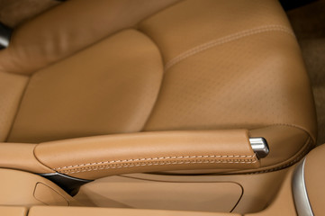 Hand brake in a sport car. Auto interior detail.