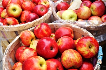 Fototapeta na wymiar Fresh apples in crates at the farmers market