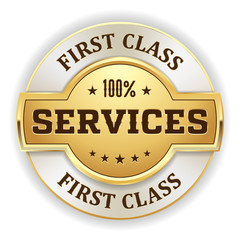 Gold first cass services badge on white background