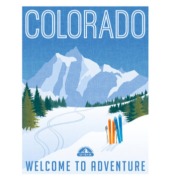 Retro style travel poster or sticker. United States, Colorado Ski mountains 