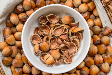 Many hazel nuts in wicker basket