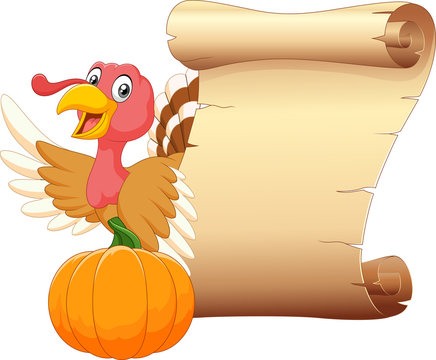 Cartoon turkey with vintage scroll paper isolated on white background